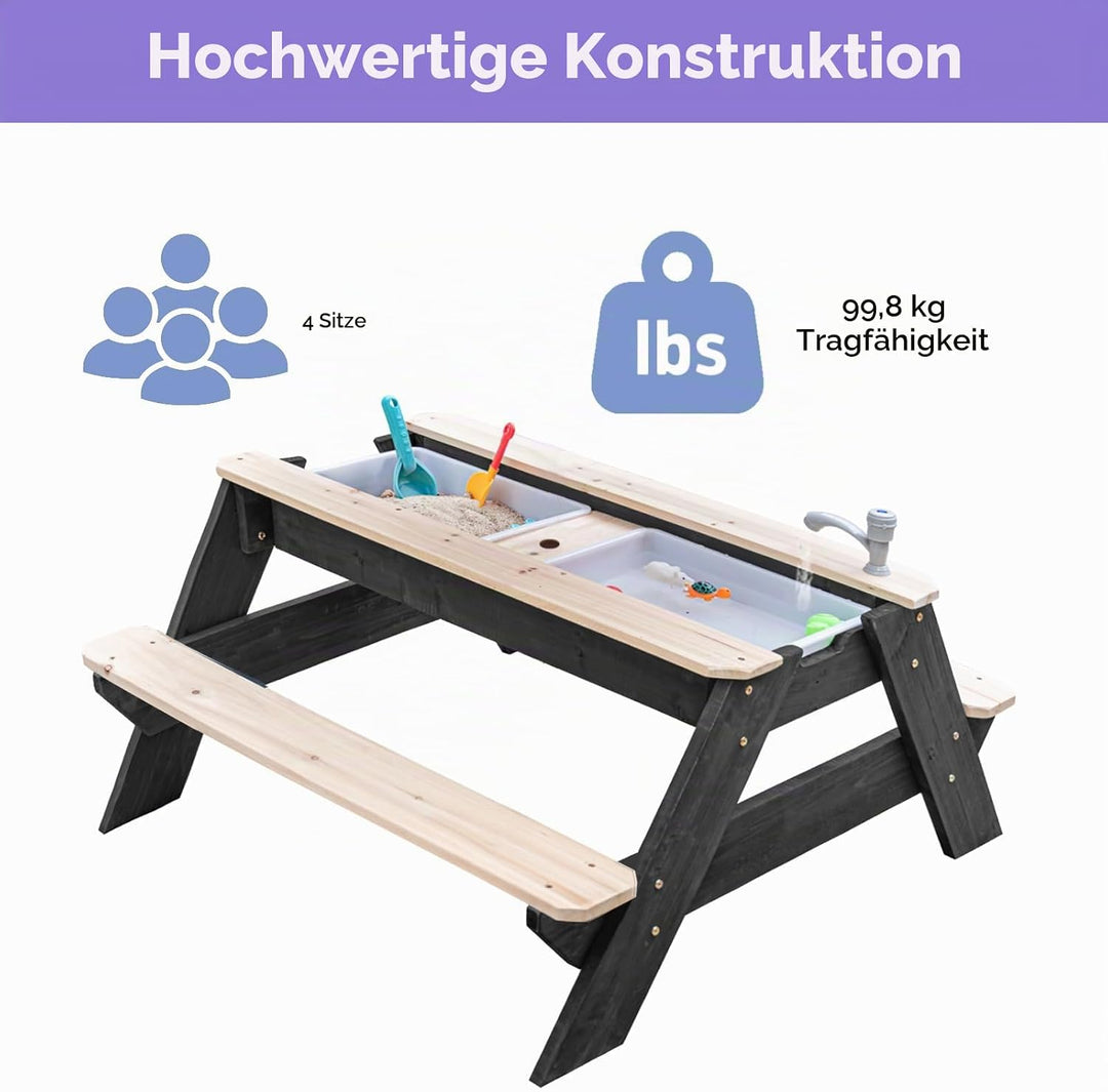 Kids 3-in-1 Sand- und Wasser-Aktivitätstisch, Holz, Outdoor, wandelbarer Picknicktisch mit Regenschi