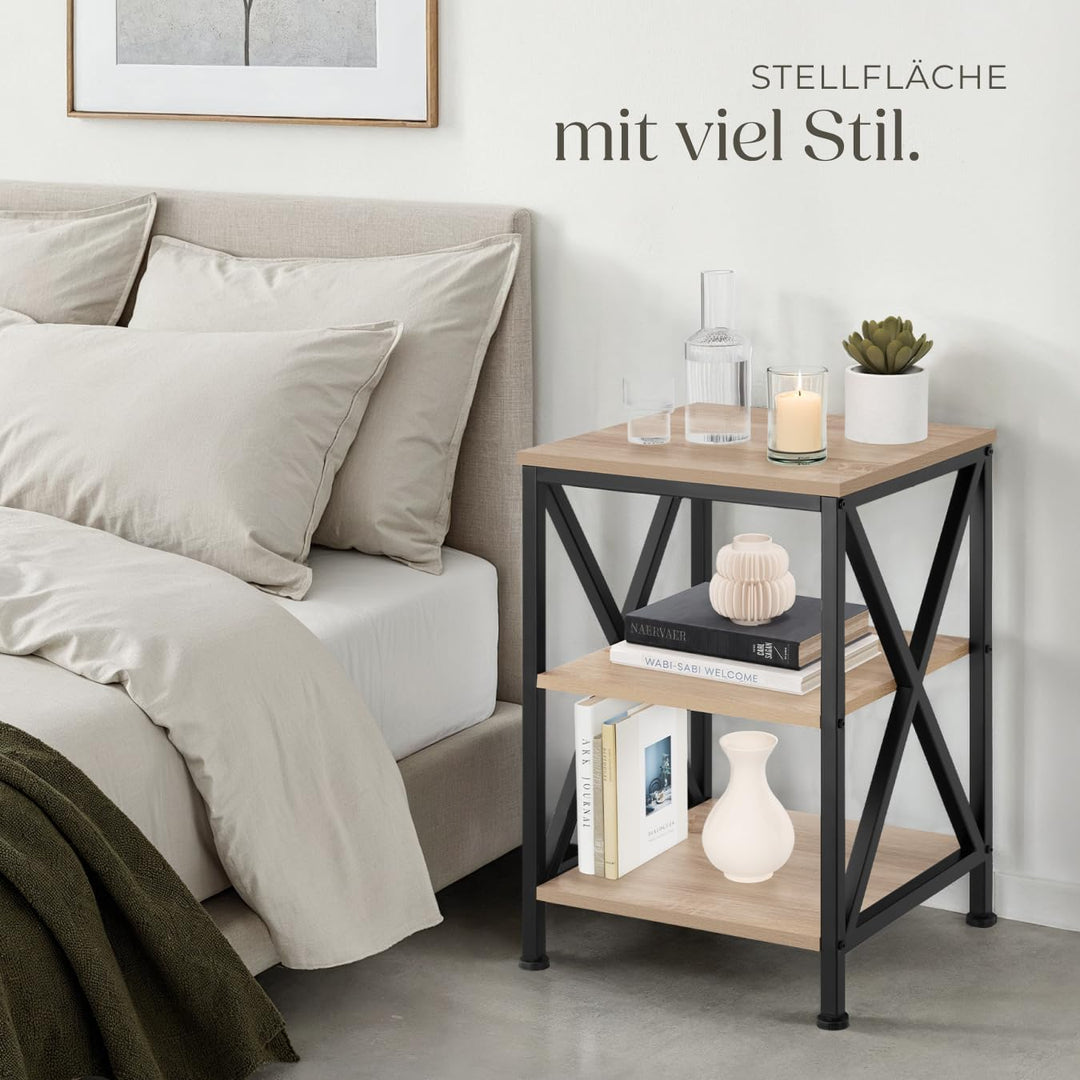 tectake® Industrial Möbel, Beistelltisch Holz und Metall, Schlafzimmer Nachttisch mit 3 Ebenen, Couc