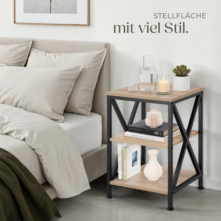 tectake® Industrial Möbel, Beistelltisch Holz und Metall, Schlafzimmer Nachttisch mit 3 Ebenen, Couc