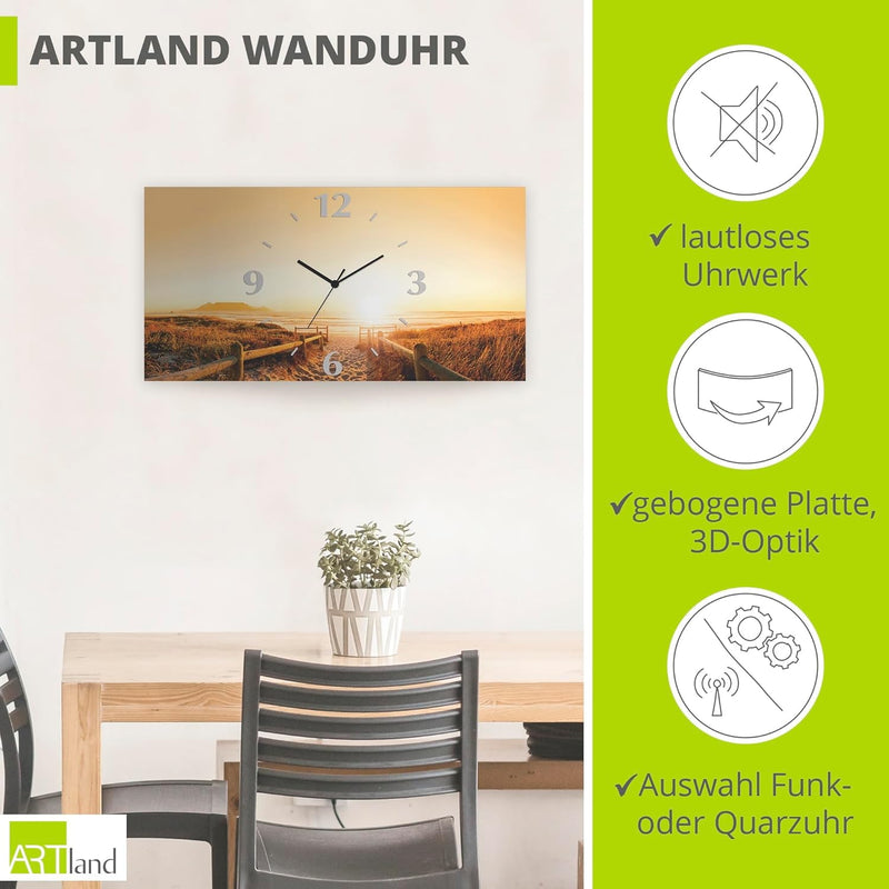 ARTLAND Wanduhr ohne Tickgeräusche Alu Quarzuhr 60x30 cm Rechteckig Lautlos Sonnenuntergang Strand M