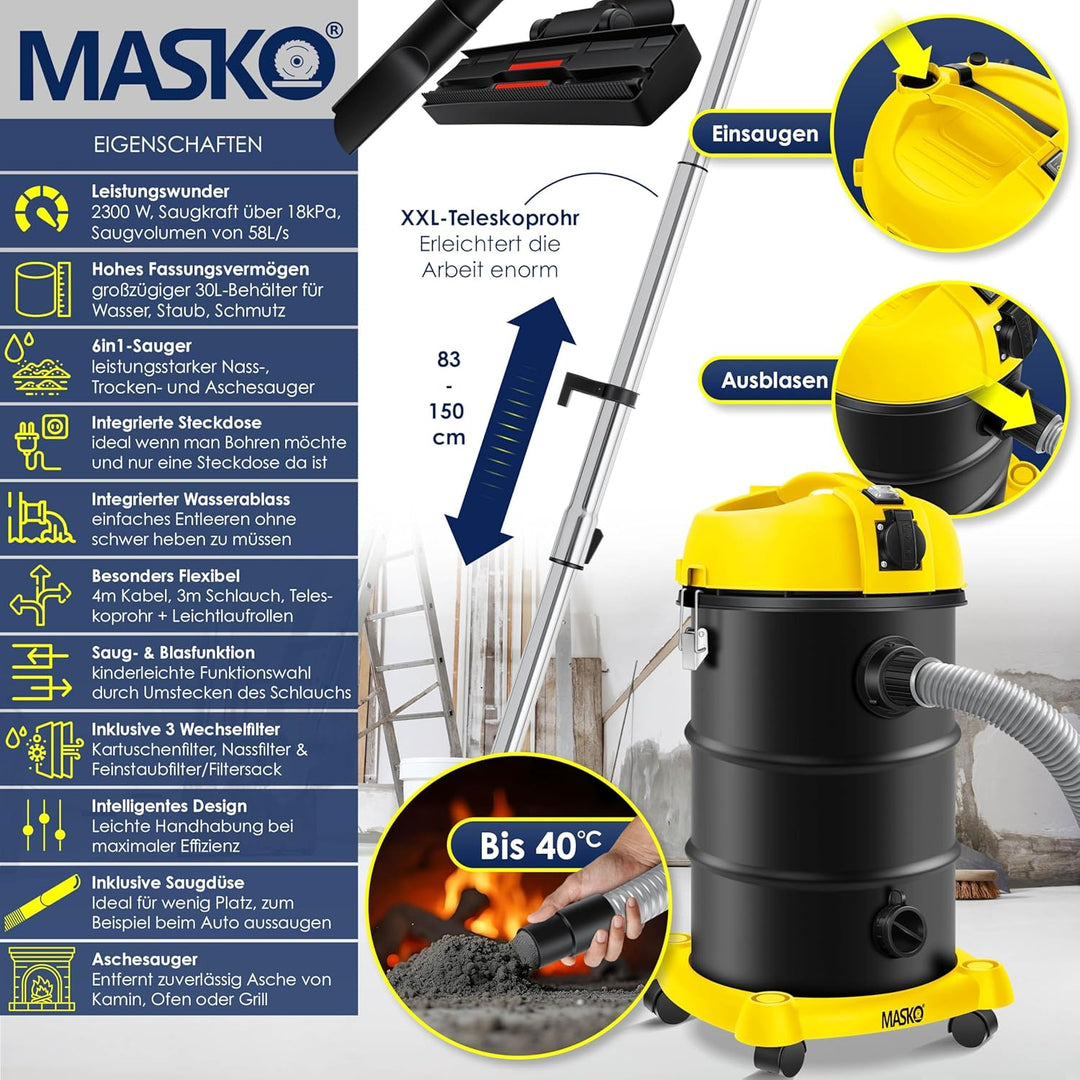 Masko® 6IN1 Industriestaubsauger Staubsauger Nass Trocken Sauger Aschesauger 2300W + Steckdose✓ Blas