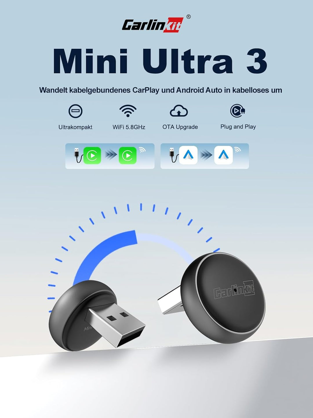 Carlinkit Mini Ultra Wireless CarPlay & Android Auto Adapter, Konvertieren Sie werkseitig kabelgebun