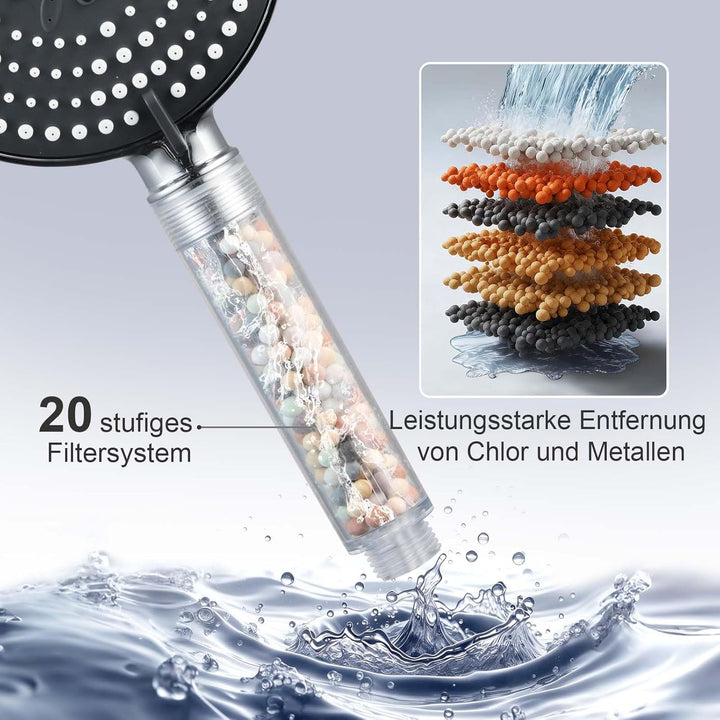 OFFO Filter Duschkopf mit Schlauch 1,6m und Halterung, Handbrause mit 6 Strahlarten, 13cm Duschkopf
