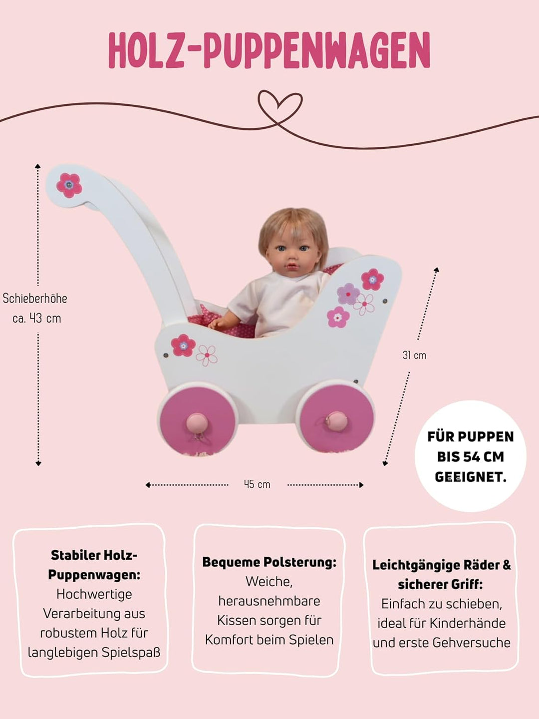 Bayer Chic 2000 425 99 - Holz-Puppenwagen Fiori, 55 x 31 x 45 cm, Fiori
