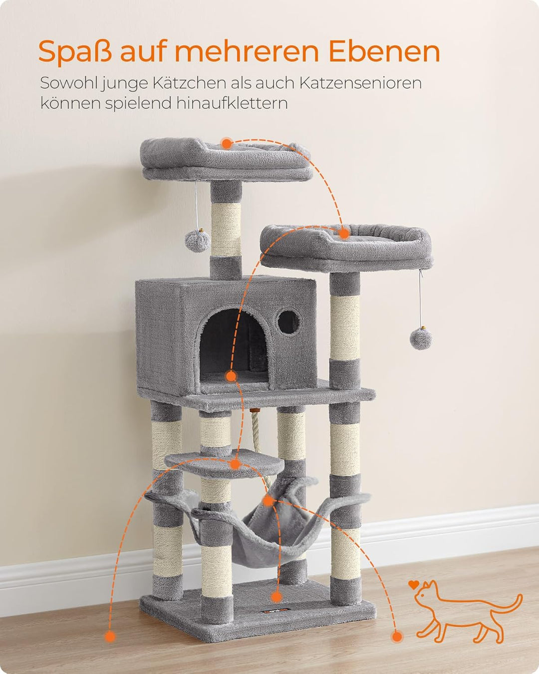 Feandrea Kratzbaum, 112 cm hoch, Katzenbaum mit 11 Kratzsäulen, 2 Plattformen, 1 Katzenhöhle, 1 Häng