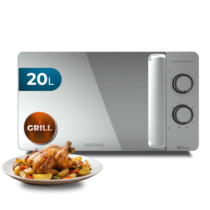 Cecotec Mikrowelle Proclean 3160 Mirror Wave mit Grill. 20 L, 700 W, 800 W Grill, MirrorDoor Spiegel
