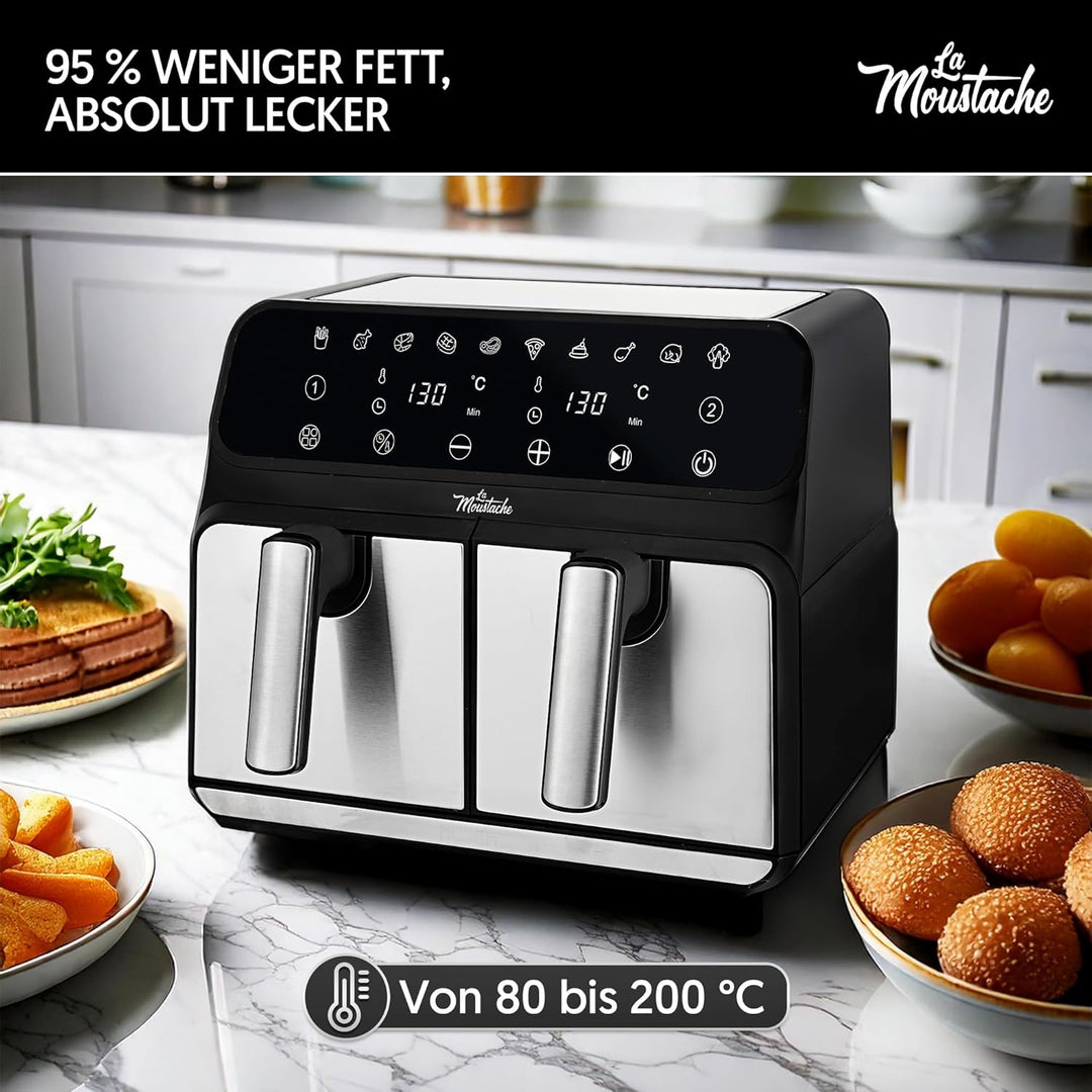 La Moustache - Heissluftfritteuse 8L mit 2 Separaten Körben, Ölfreie Fritteuse 1700W, 10 Programmen,