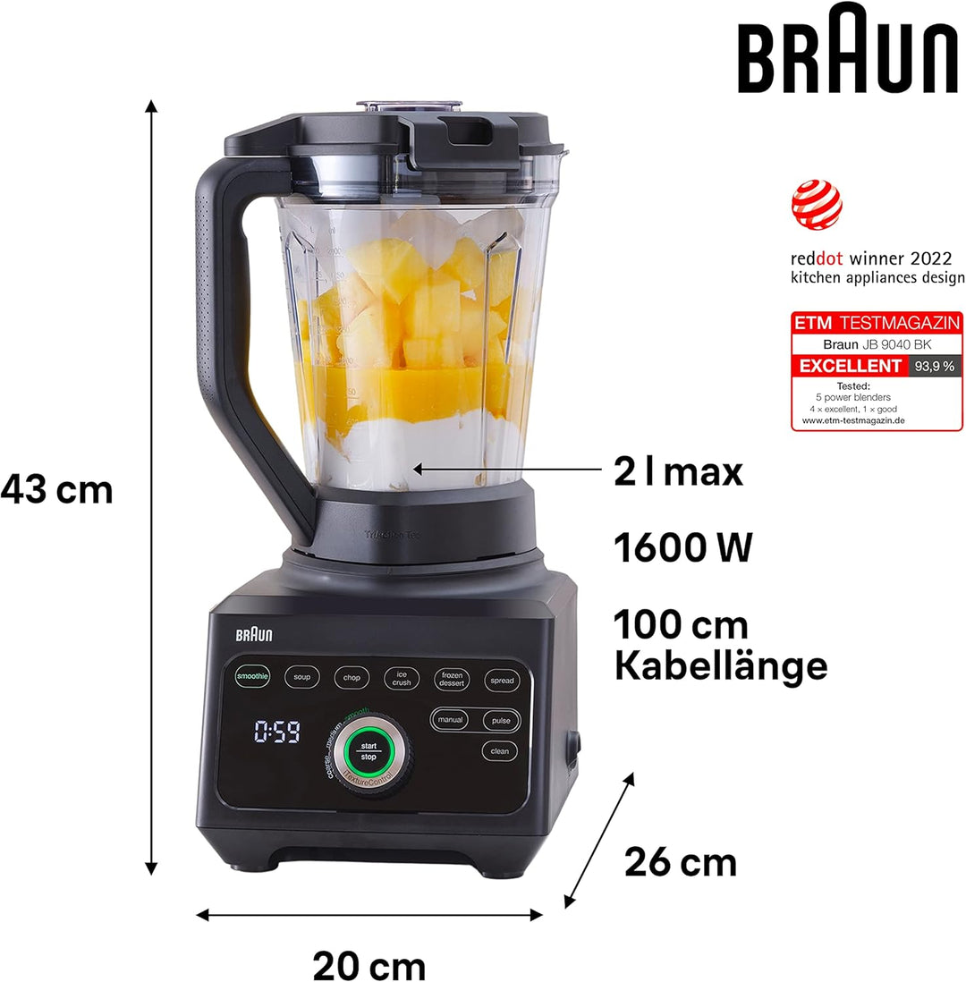 Braun Hochleistungsmixer PowerBlend 9 JB9040 – Standmixer mit Glas-Mixkrug, 18 Mixprogramme, 10 Gesc