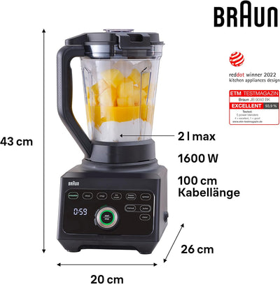 Braun Hochleistungsmixer PowerBlend 9 JB9040 – Standmixer mit Glas-Mixkrug, 18 Mixprogramme, 10 Gesc