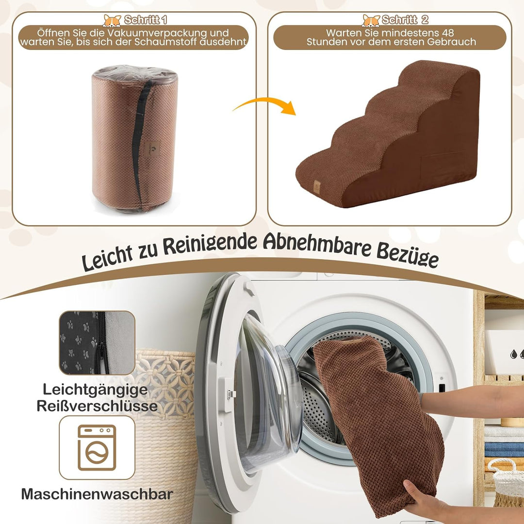 COSTWAY Hundetreppe 4 Stufen, rutschfeste Hundestufe aus Schaumstoff, inkl. Tasche, Haustiertreppe f