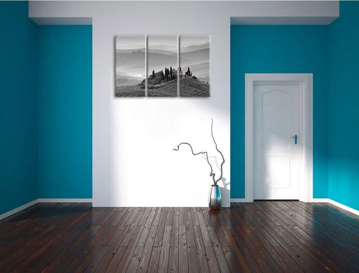 schöne Toskana Landschaft schwarz/weiss auf 3-Teiler Leinwandbild 120x80 Bild auf Leinwand, XXL ries