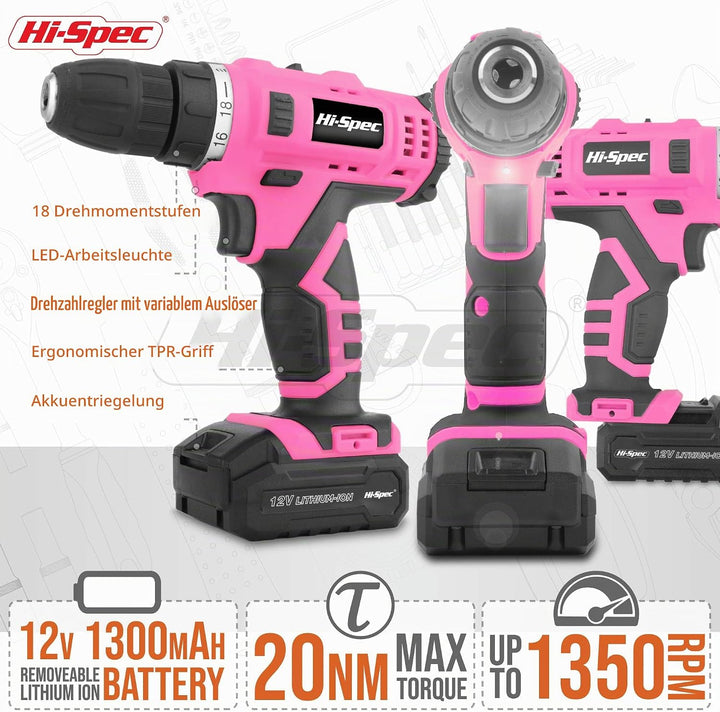 Hi-Spec Akkuschrauber und Bohrmaschinen 50tlg. – 12V Bohrmaschine in Pink Rosa mit gängigen Holz-, M