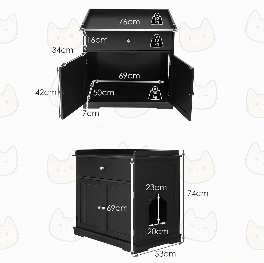 GOPLUS 3 in 1 Katzenschrank, Katzenklo mit Schubladen, Doppeltüren und Katzenlöchern, versteckte Kat