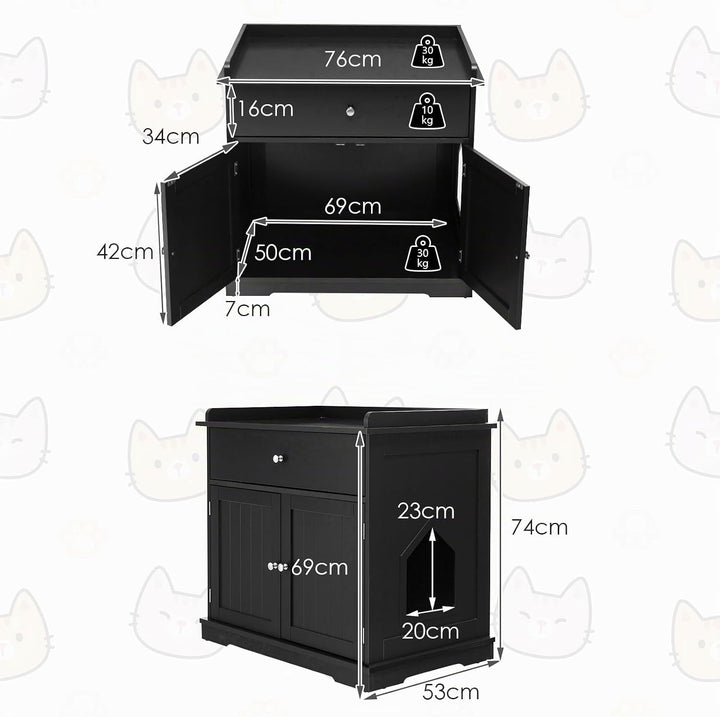 GOPLUS 3 in 1 Katzenschrank, Katzenklo mit Schubladen, Doppeltüren und Katzenlöchern, versteckte Kat