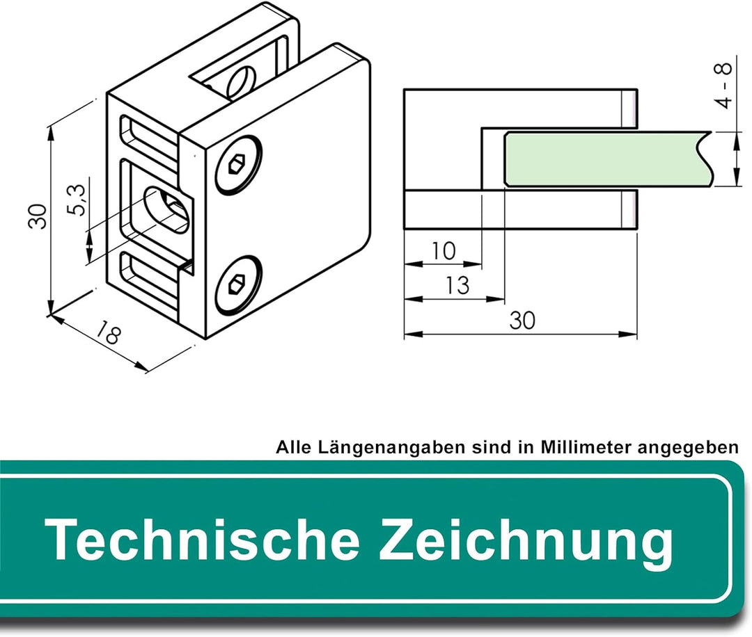 PRIOstahl Glashalter 4 Stück Glasklemmen Klemmhalter Glasplattenhalter Eckig 30 x 30 x 18 mm Anschlu