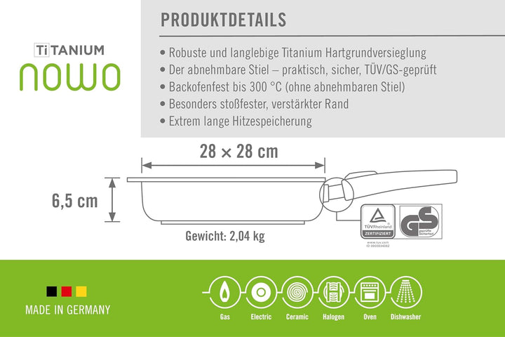 Woll – Nowo Titanium Grillpfanne 28x28 cm viereckig mit Rillen & abnehmbarem Stiel – Aluminiumguss A