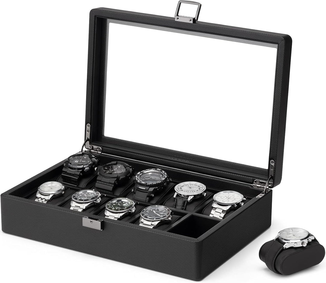 Vlando Uhrenbox mit 10 Fächern, Uhrenkasten mit Glasdeckel, Uhrenaufbewahrung Herren, Uhrenvitrine m