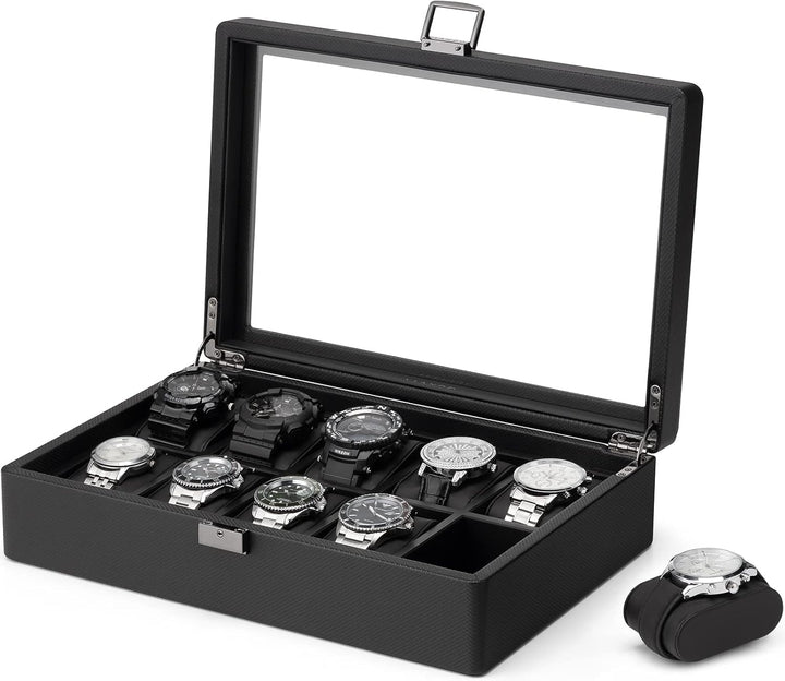Vlando Uhrenbox mit 10 Fächern, Uhrenkasten mit Glasdeckel, Uhrenaufbewahrung Herren, Uhrenvitrine m
