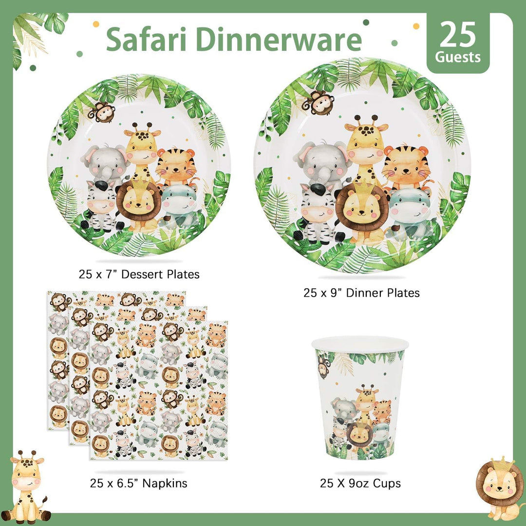 100pcs Dschungel Safari Partygeschirr Set für 25 Gäste, wiederverwendbare Pappteller Tassen Serviett