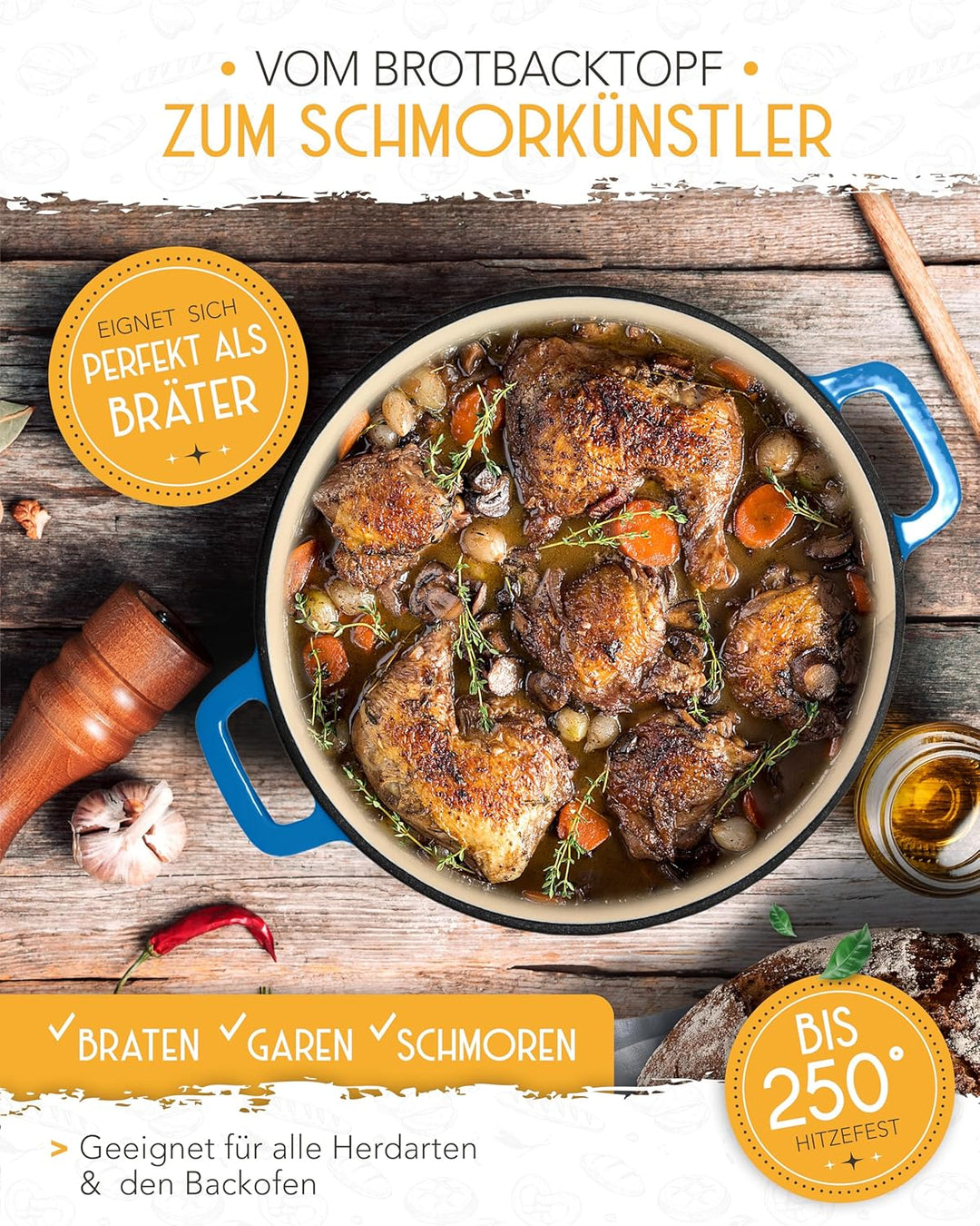 KRUSTENZAUBER Gusseisen Topf als Schmortopf mit Deckel - 26cm Emaille Topf als Gusseisen Bräter oder