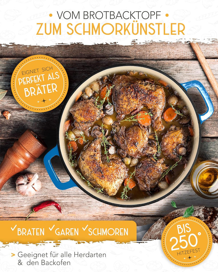 KRUSTENZAUBER Gusseisen Topf als Schmortopf mit Deckel - 26cm Emaille Topf als Gusseisen Bräter oder