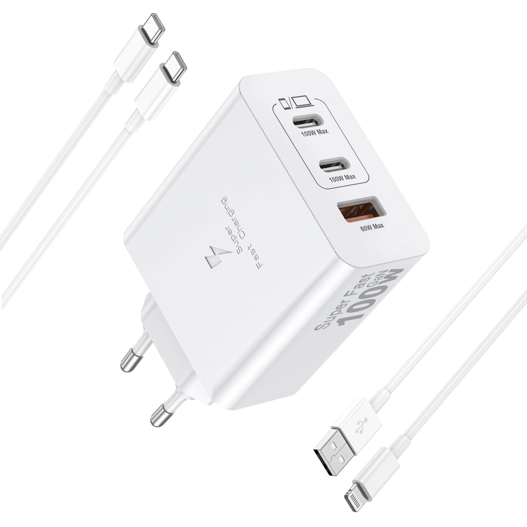 100W USB C Ladegerät, 3-Port GaN Schnellladegerät mit USB C & Lightning Kabel Mehrfach Ladegerät Kom