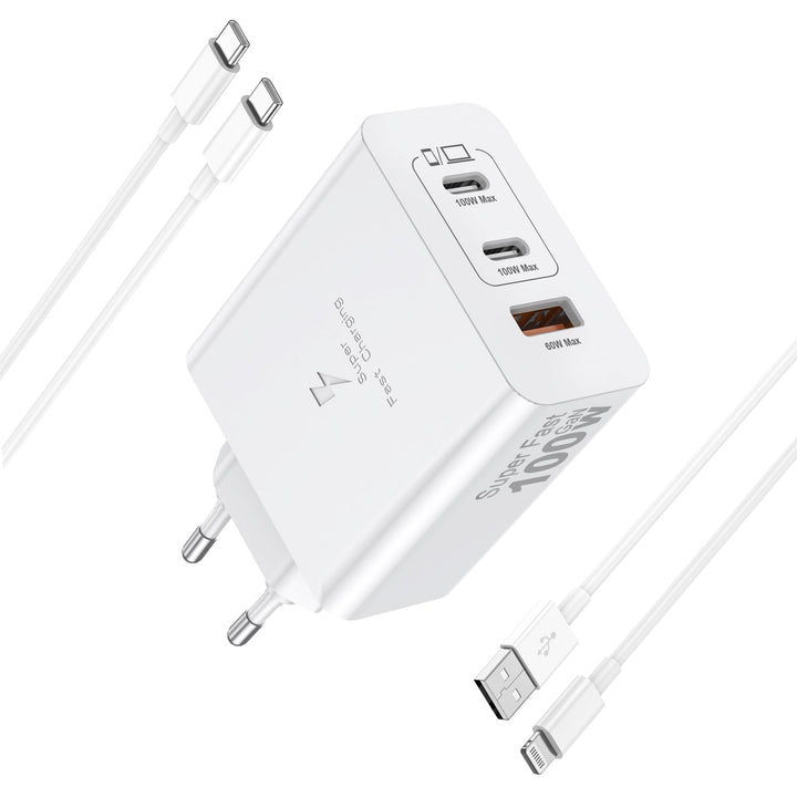 100W USB C Ladegerät, 3-Port GaN Schnellladegerät mit USB C & Lightning Kabel Mehrfach Ladegerät Kom