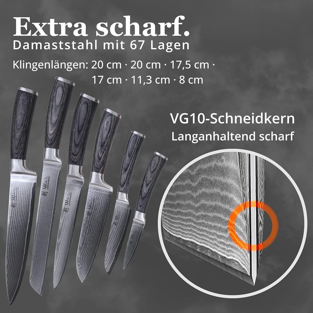 Wakoli Edis 6er Damastmesser-Set mit Klingenlängen von 8,50 cm bis 20,00 cm extrem scharf aus 67 Lag