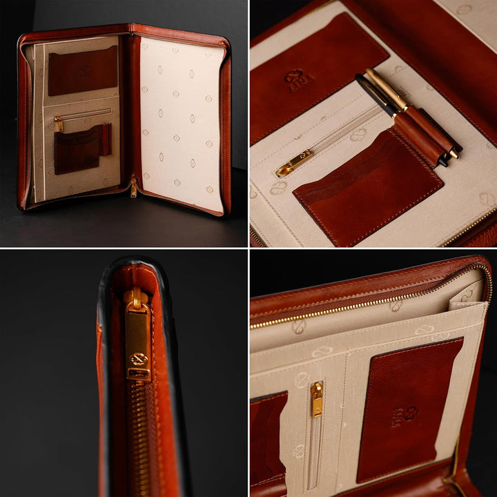 Leder Schreibmappe A4 - Konferenzmappe für Herren - Organizer Mappe - Stylische Aktenmappe - Cognac