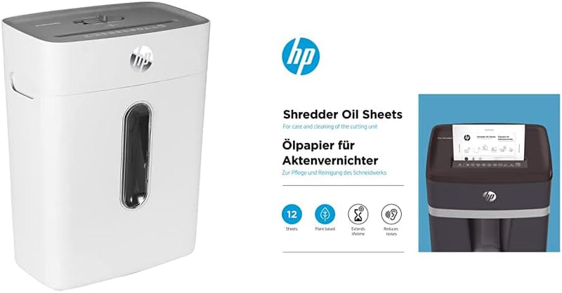 HP OneShred 8CC, Aktenvernichter, Sicherheitsstufe P-4, Cross Cut, 8Blatt, 2801 + HP Ölpapier für Ak