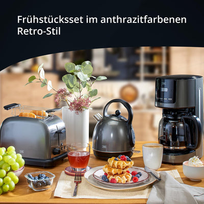 KHG Retro Frühstücksset | Toaster 2 Scheiben mit Brötchenaufsatz, 7 Bräunungsstufen 850W | Wasserkoc