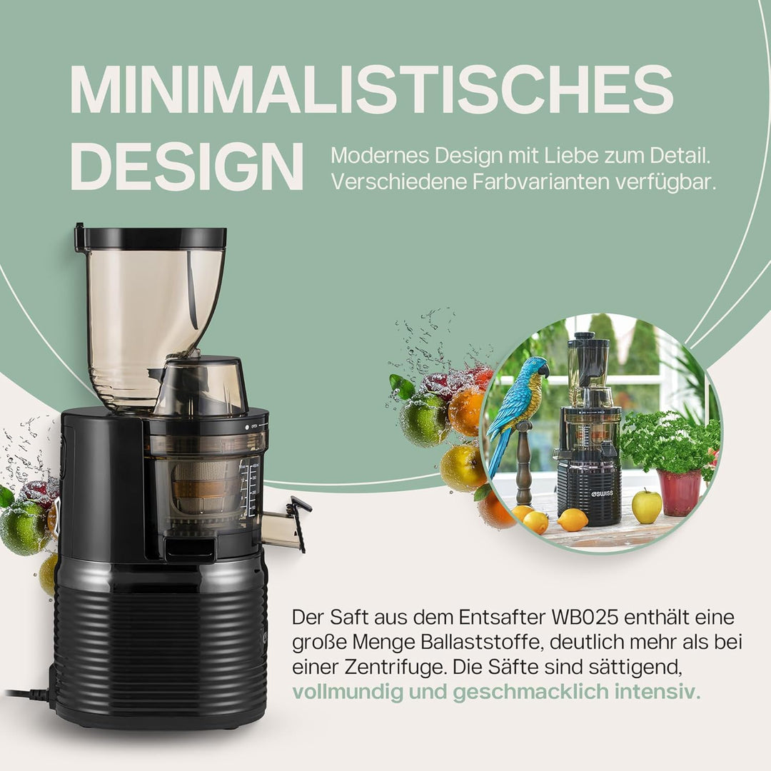 4Swiss Entsafter Saftpresse Elektrisch für Gemüse Obst Slow Juicer Machine mit Einfüllschacht - Kalt
