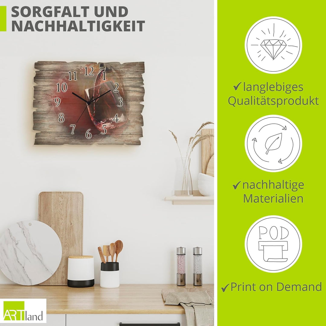 ARTLAND Wanduhr ohne Tickgeräusche aus Holz Funkuhr 40x30 cm Rechteckig Lautlos Wein Rotwein Bildmal