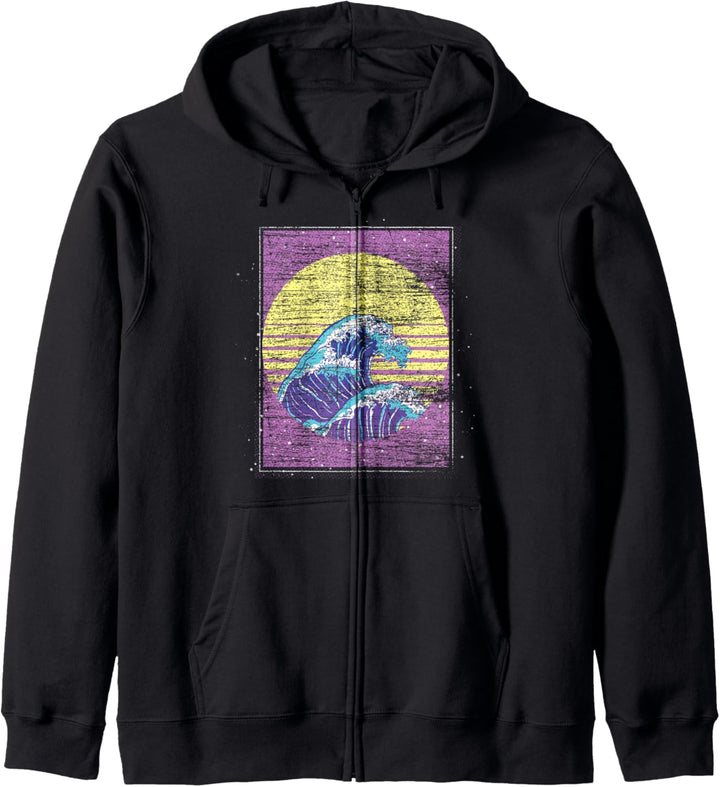 Sonnenuntergang Wellen 80er Kunst 90er Surfen Vaporwave Kapuzenjacke