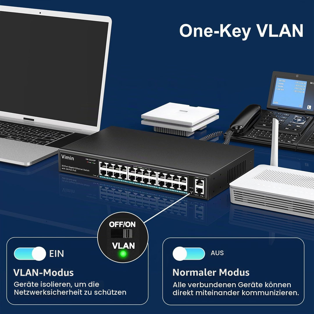 VIMIN 24-Port Gigabit PoE Switch mit 2 Uplink Gigabit Ports, 26-Port Unmanaged Ethernet PoE Switch m