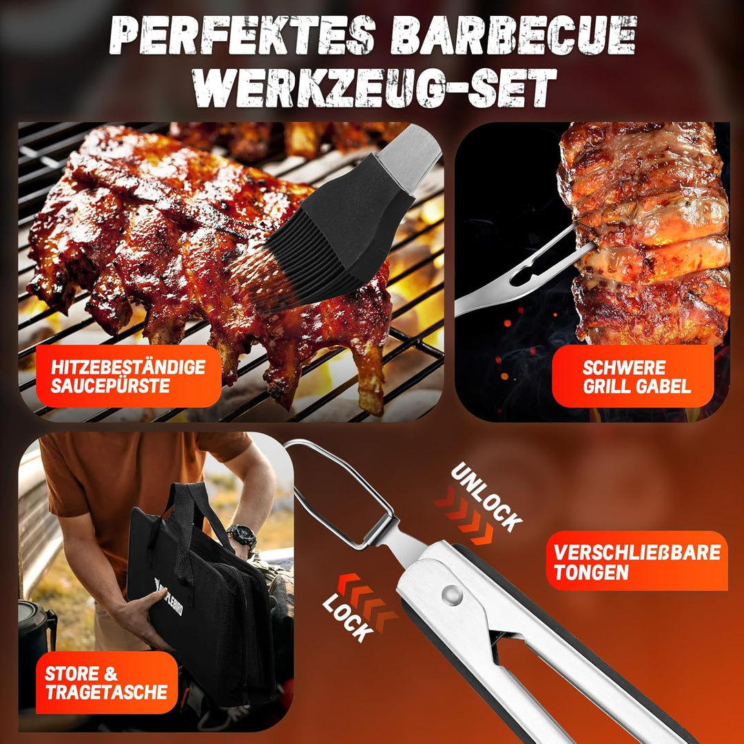 PURPLEBIRD Premium Grillzubehör Set aus Edelstahl - 6-teilig mit 3-in-1 Spatel, Gabel, Zange, Bürste