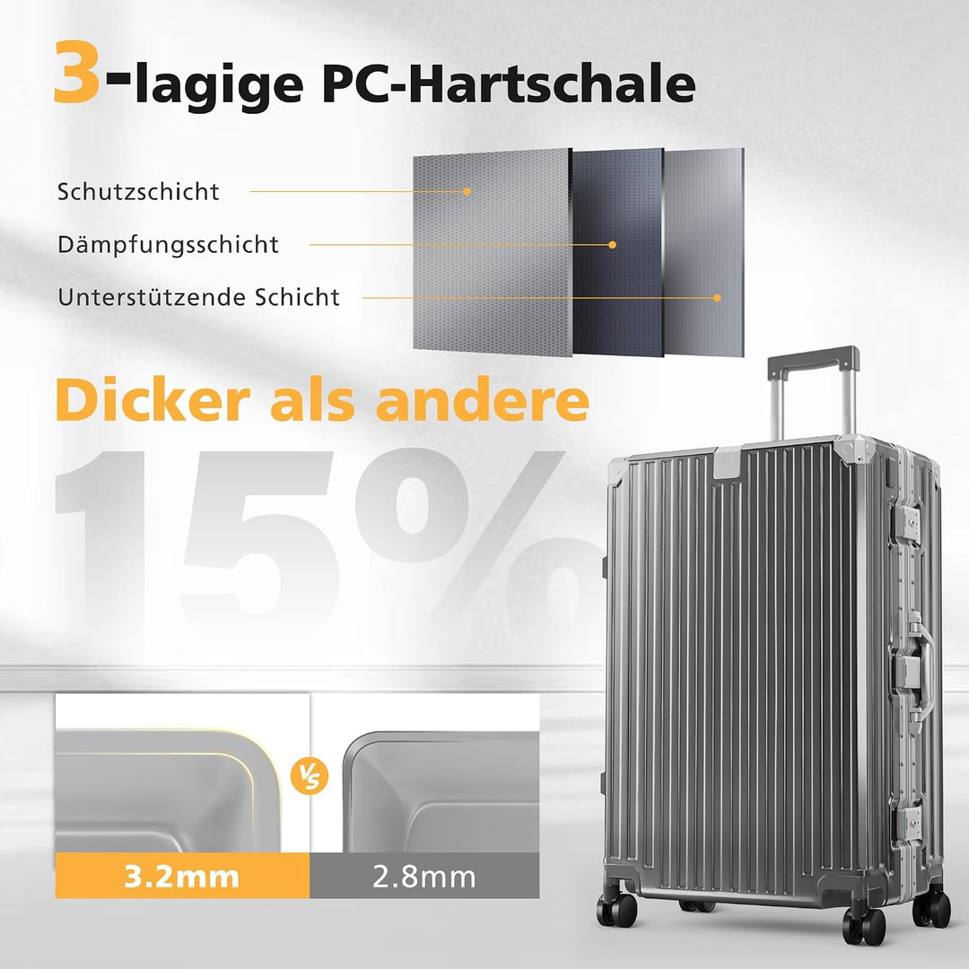 ALPHA CAMP Koffer XL Reisekoffer mit Rollen TSA Schloss, Hartschalenkoffer Gross Suitcase Aluminium