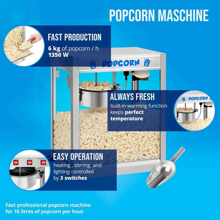 Royal Catering Popcornmaschine Popcornmaker RCPS-1350 (1.350 W, Arbeitsleistung ca. 6 kg/h, Topfdurc