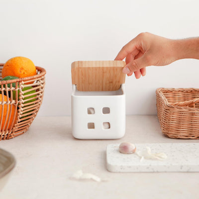 KOOK TIME Knoblauch Dose - Matt Weiss Keramik Knoblauchtopf mit Bambusholz Deckel, Perfekte Knoblauc