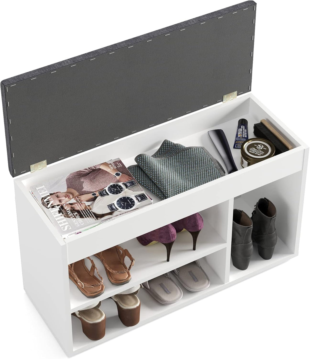KOMTO Schuhbank mit Sitzfläche - Schuhregal Bank mit Stauraum Weiss 80 x 48 x 32 cm Schuhschrank mit