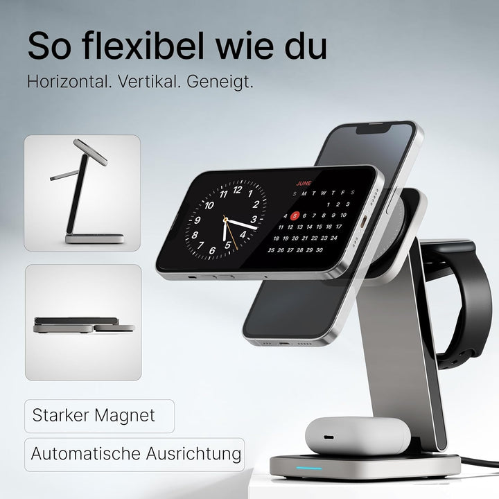 3-in-1 MagSafe Ladegerät – hochwertiges Aluminium – Kabelloses Ladegerät für iPhone, Apple Watch und