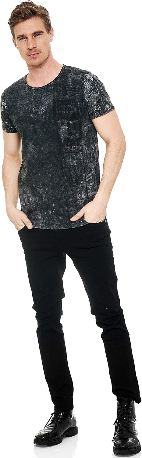 T-Shirt Herren Kurzarm Rundhals Tshirt Printed Shirt Regular Fit Verwaschen Plakativer Druck 232, Fa