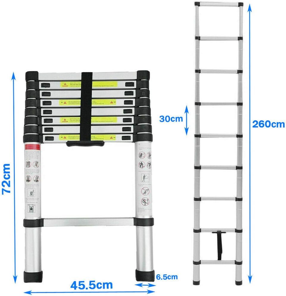 Teleskopleiter 2,6M mit Einzelne Segmente, zertifizierte Alu Verlängerungsleiter, 72cm bis 260cm anl