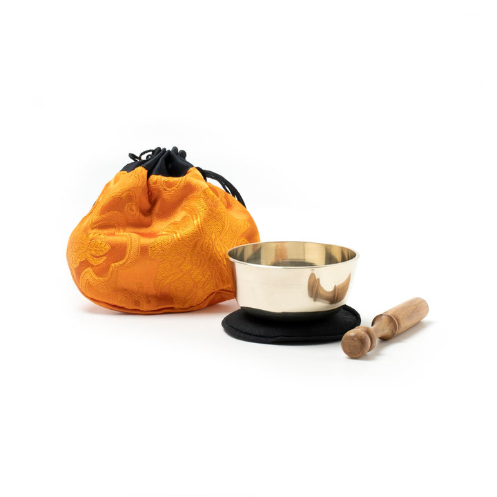 Kleine Klangschale ca. 170g – Inkl. Holzklöppel, schwarzer Unterlage & gelbem Stoffbeutel – Handgefe