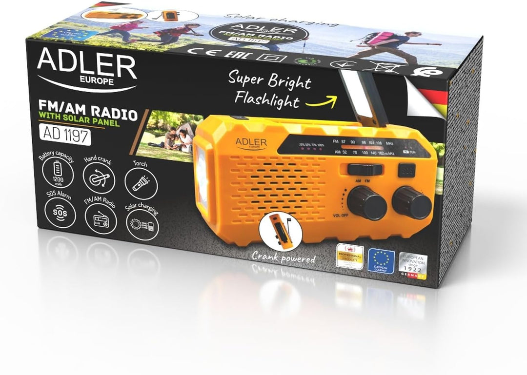 Adler AD1197 Kurbelradio Tragbares Solar mit Kurbel Ladegerät, AM/FM Radio mit Handy USB C Anschluss