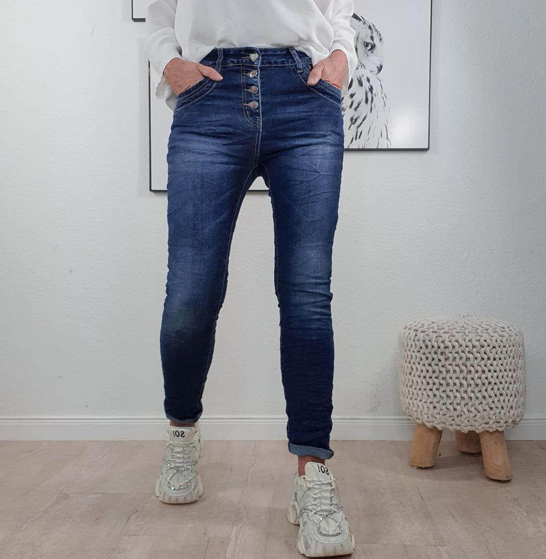 Jewelly Stretch Jeans| im Baggy Boyfriend Schnitt| Damen Hose mit dekorativer Knopfleiste| Perfekter
