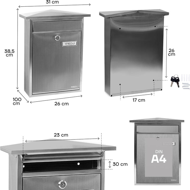 Arregui Home E5717 Individueller Briefkasten aus rostfreiem Stahl, Grösse M (DIN A4), Edelstahl