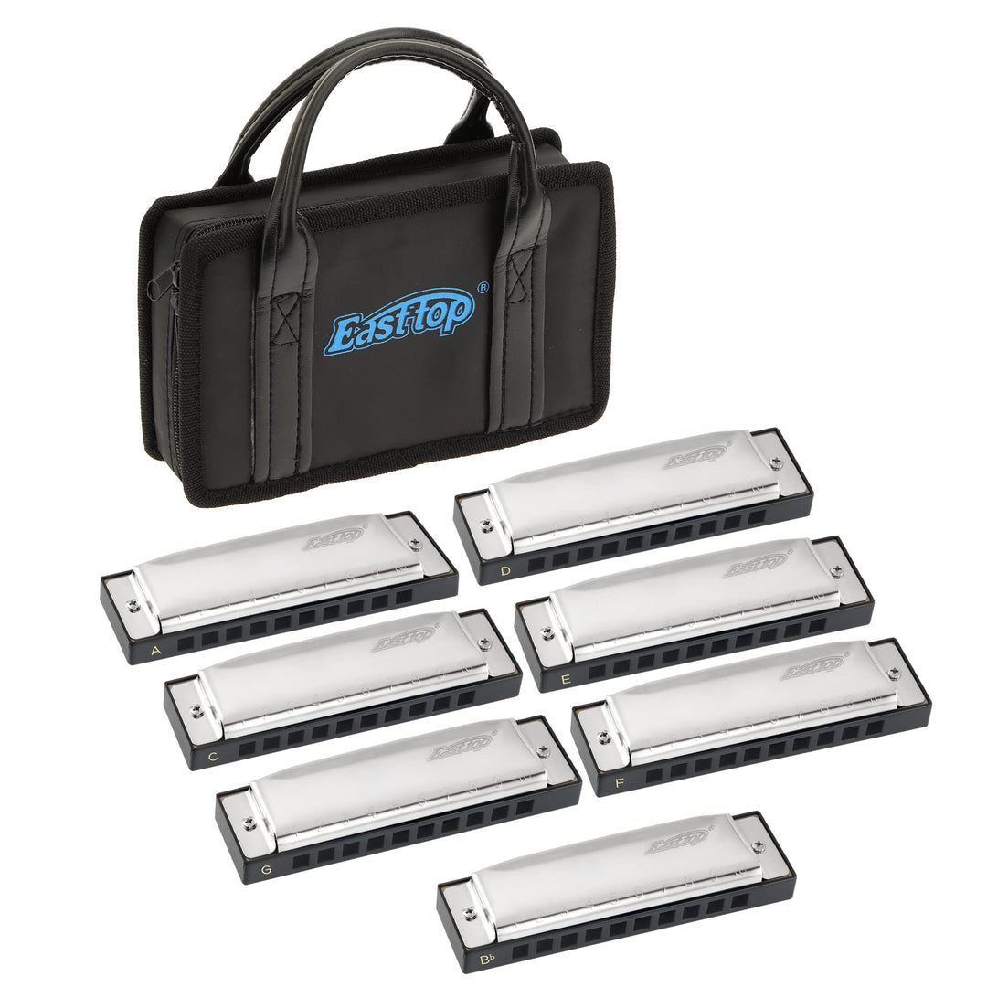 East Top 7 Tasten Mundharmonikaset verpackt, 7-Pack 10 Löcher 20 Töne Blues Diatonic Harmonica Für E