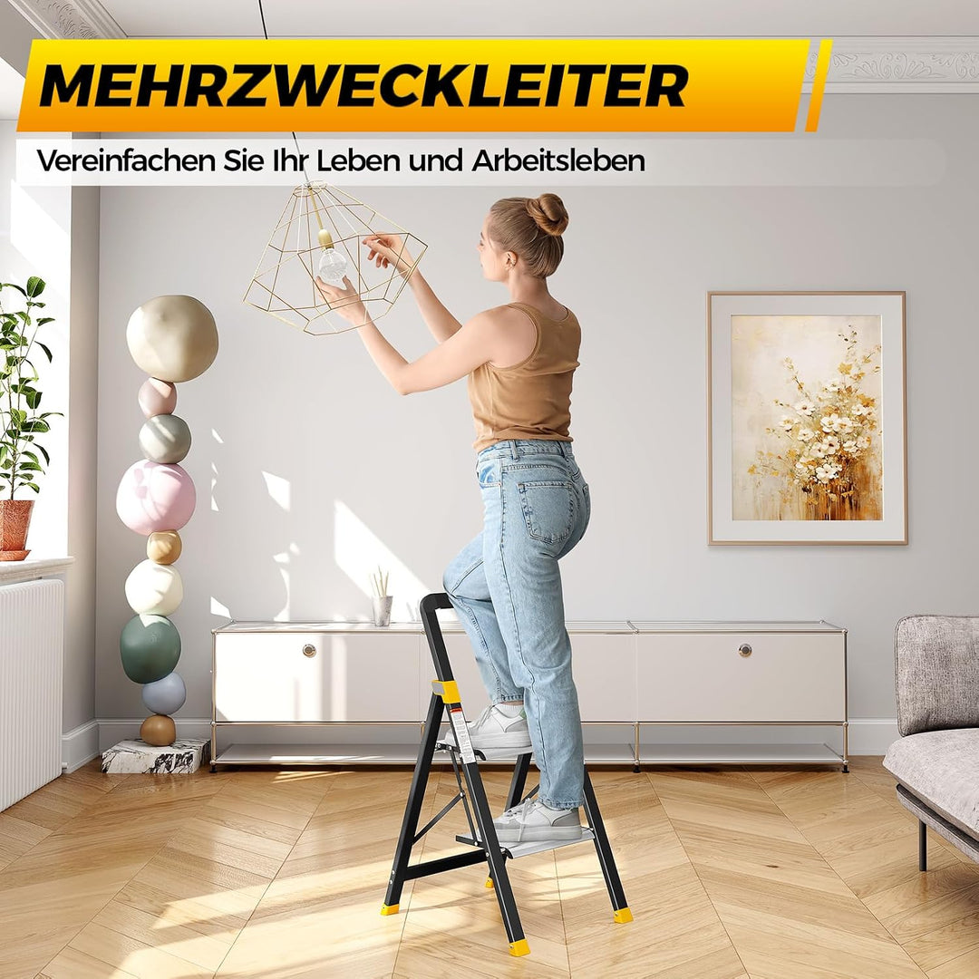KINGRACK Trittleiter 2 Stufen Klappbar Aluminium, Klappleiter mit Handlauf, Haushaltsleiter Anti-Rut