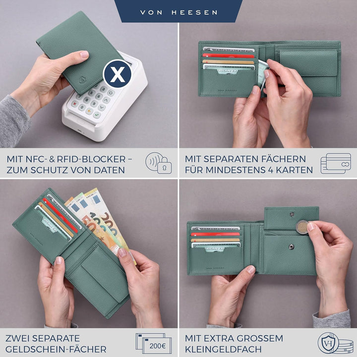 VON HEESEN Leder Geldbörse RFID Schutz I Echtleder Geldbeutel für Damen & Herren I Portemonnaie Brie